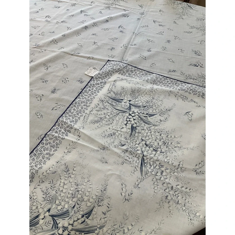 Vintage Rectangle Floral Tablecloth Mid Century Modern Blue Cottagecore Italy